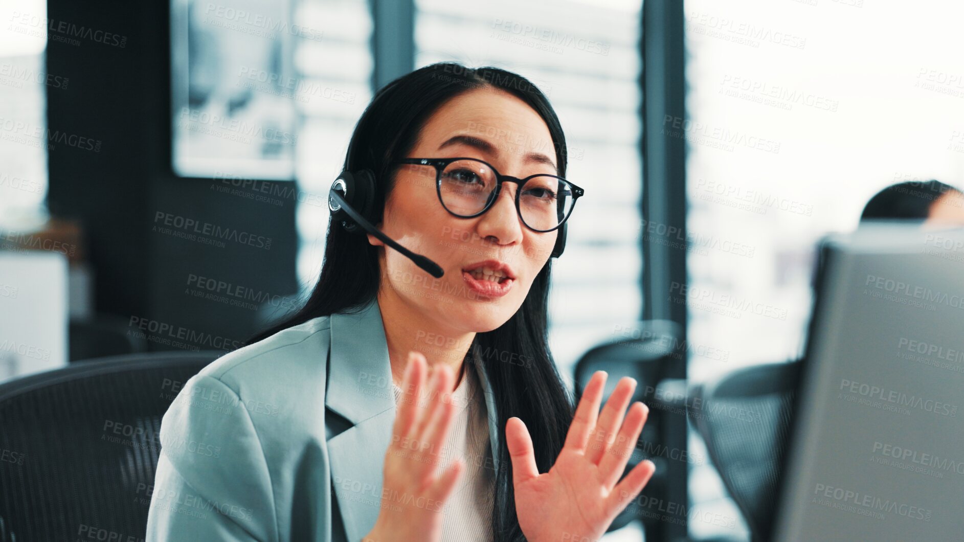 Buy stock photo Virtual assistant, telecom help or Japanese woman on computer in call center for consulting or loan advice. Explain, consultant or agent on pc with service for telemarketing or sales communication