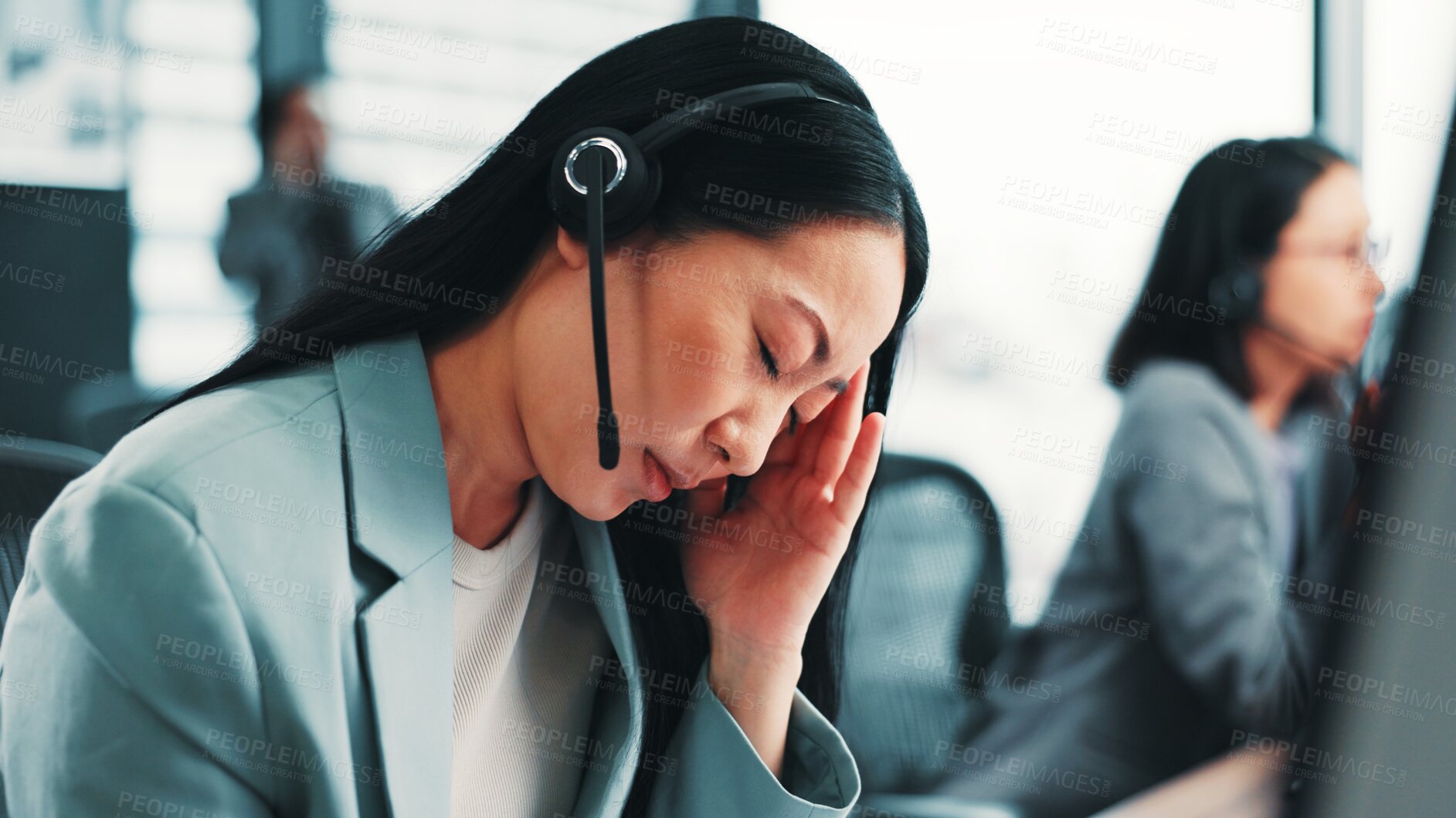 Buy stock photo Burnout, headache and Japanese woman in call center with stress, pain or fatigue in office. Tired consultant, breakdown or frustrated sales agent in telemarketing with depression or migraine in Japan