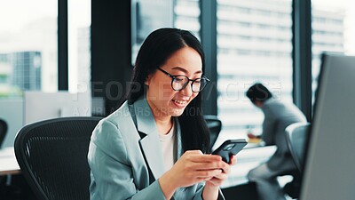 Buy stock photo News, Japanese or businesswoman with phone, smile updates and social media for internet search. Online notification, check or accountant texting on mobile for chat, website and browse blog in office 