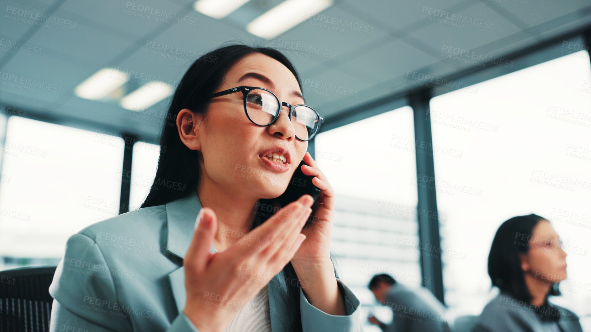 Buy stock photo Japanese, business woman and phone call in office for feedback, review and conversation for project. Female person, tech and talking for network, connection and deal as management for finance agency