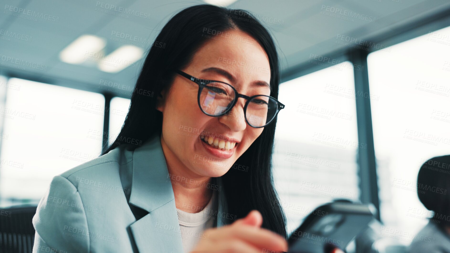 Buy stock photo Smile, laughing or Japanese woman with smartphone, funny meme and social media for internet search. Notification, joke or happy accountant with mobile for news, website and browse comedy in office