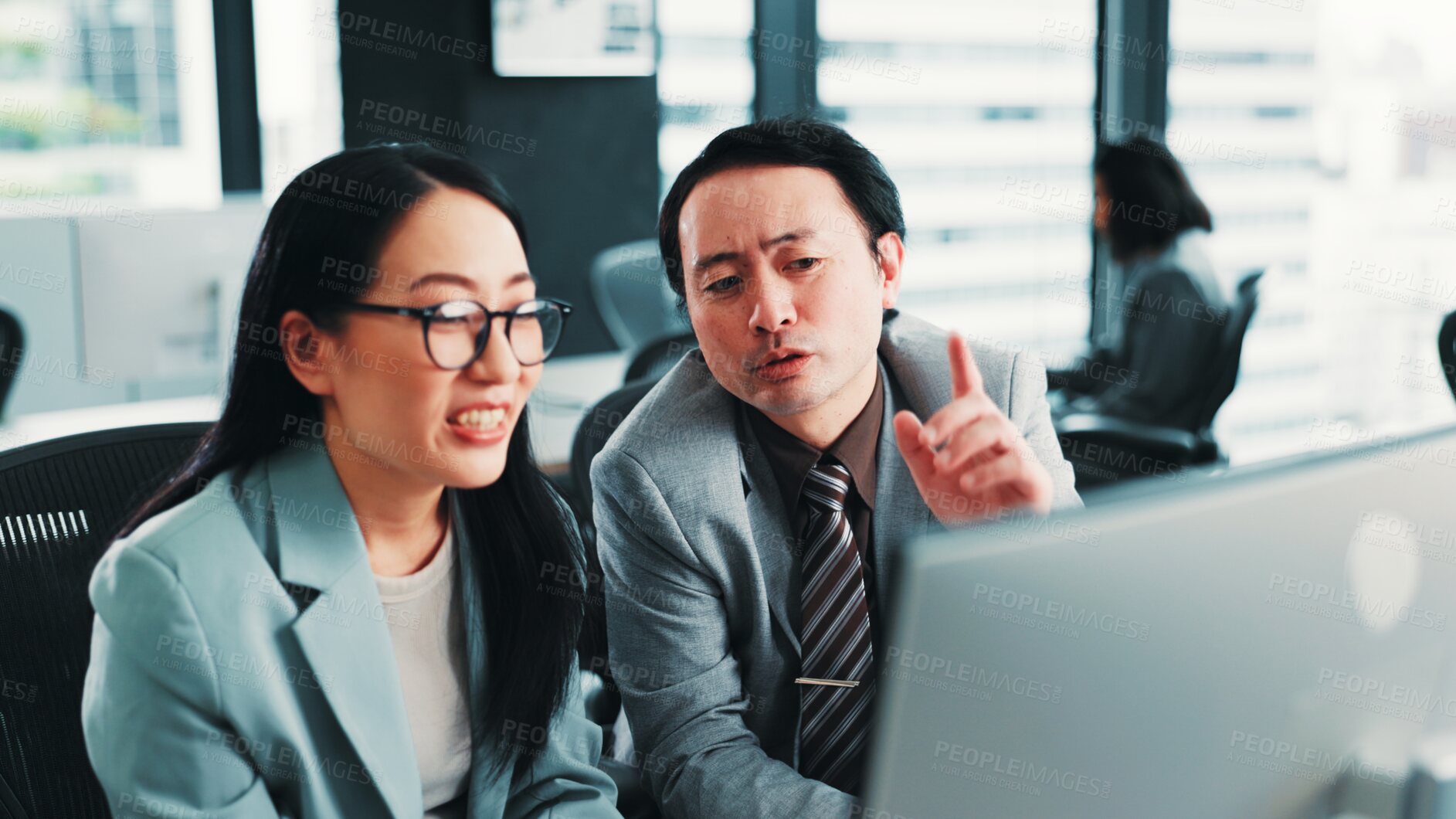 Buy stock photo Office, manager and Asian business people on computer with feedback, review and meeting for online project. Help, corporate and worker with boss for teamwork, collaboration and discussion in Japan