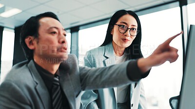 Buy stock photo Pointing, manager and Asian business people on computer with feedback, help and meeting for online project. Office, corporate and worker with boss for teamwork, collaboration and discussion in Japan