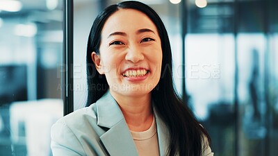 Buy stock photo Portrait, business and woman in office, finance and smile with happiness, career ambition and consultant. Japanese person, economy analyst and investment banker with corporate professional or success