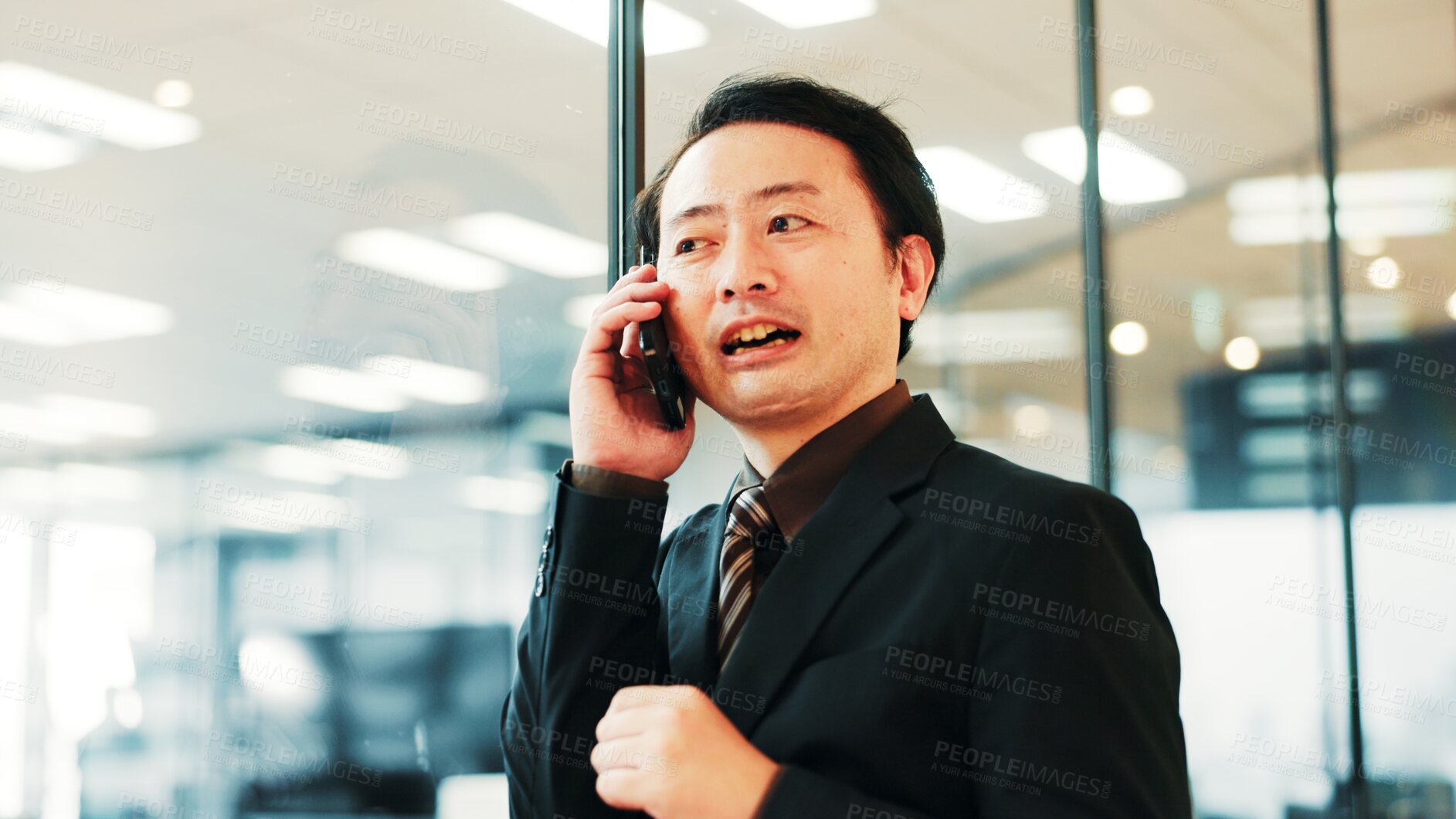 Buy stock photo Japanese, businessman and phone call in office for feedback, review and conversation for project. Male person, mobile tech and talking for network, connection or deal as management for finance agency