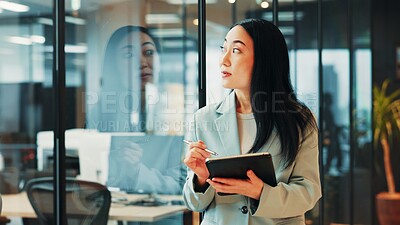 Buy stock photo Office, lawyer and businesswoman with tablet for thinking, policy review and digital solution for law firm. Japanese, female person or attorney with ideas for court case, justice report or reflection