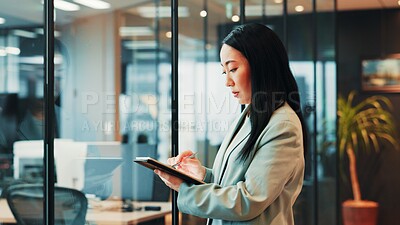 Buy stock photo Business, tablet and Asian woman in office online for website, research and project review. Corporate, professional and person on digital tech for planning, internet and email networking in Japan