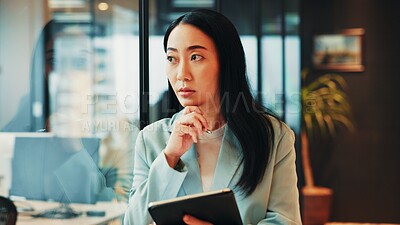 Buy stock photo Office, lawyer and businesswoman with tablet for ideas, policy review and digital solution for law firm. Japanese, female person and attorney with thinking for court case, justice report and planning