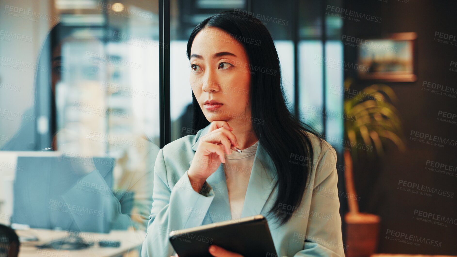 Buy stock photo Office, lawyer and businesswoman with tablet for ideas, policy review and digital solution for law firm. Japanese, female person and attorney with thinking for court case, justice report and planning