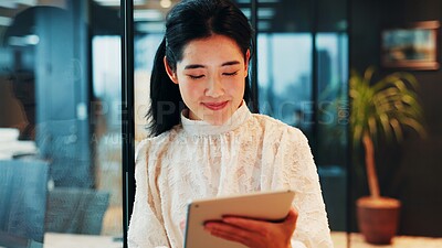 Buy stock photo Office, reading and businesswoman with tablet for lawyer, policy review and digital solution for law firm. Japanese, female person and attorney with smile for court case, justice report and project