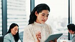 Business, meeting and Asian woman in office on tablet for website, research and project review. Corporate, professional and person on digital tech for planning, internet and email networking in Japan