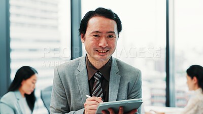 Buy stock photo Business, tablet and portrait of Asian man in office online for website, research and project review. Corporate, professional and person on digital tech for planning, internet and networking in Japan