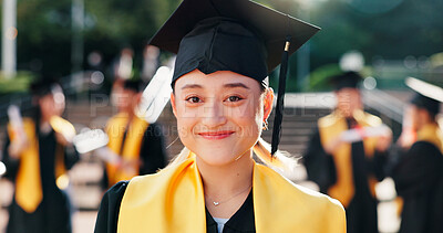 Buy stock photo Woman, university student and smile on portrait for graduation, celebration and achievements in Japan. Female person, college graduate and happy or proud with study and academic success on campus