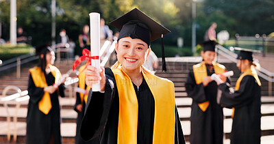 Buy stock photo Graduation, student and portrait with diploma outdoor for celebration, education success and degree ceremony. Japanese university, girl and certificate on campus for learning goals and academic pride