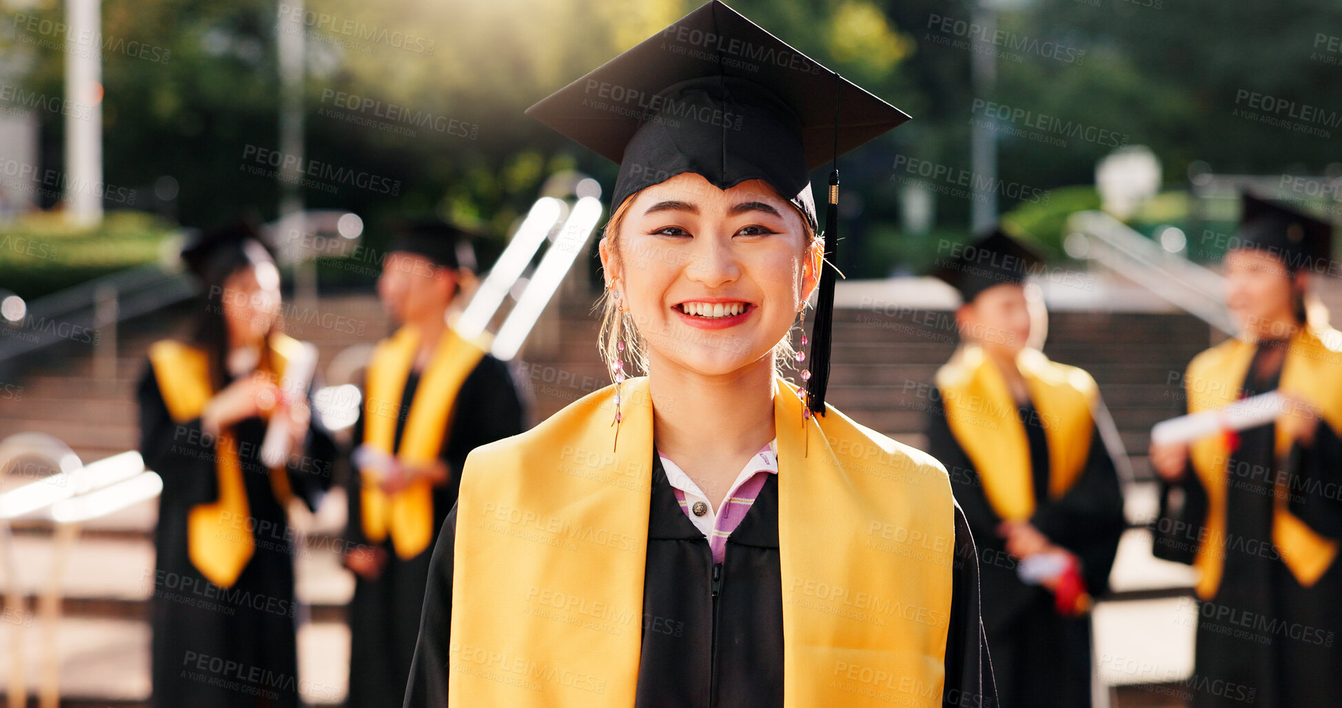 Buy stock photo Woman, college student and happy on portrait for graduation, celebration and achievements in Japan. Female person, university graduate and smile or proud with study and academic success on campus