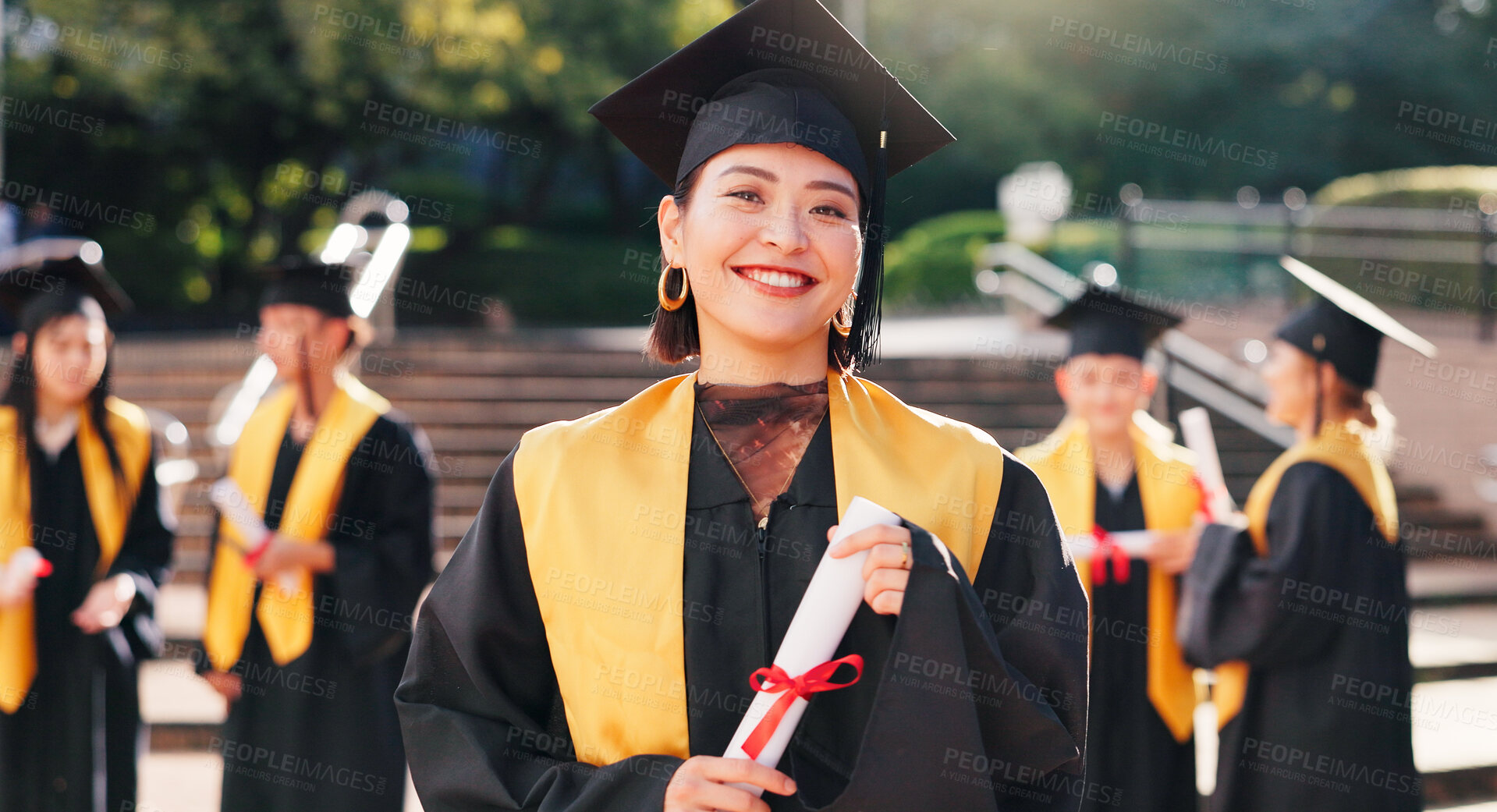 Buy stock photo Woman, university student and happy with certificate for graduation, celebration and achievements in Japan. Female person, college graduate and proud on portrait with scroll for academic success