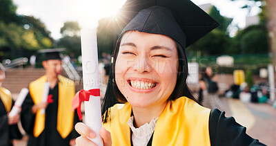 Buy stock photo Graduation, student and selfie with diploma outdoor for celebration, education success and achievement memory. Japanese university, girl and photography on campus for learning goals or academic event