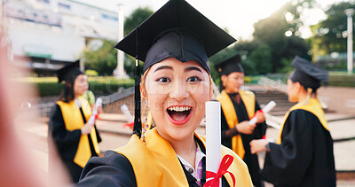 Buy stock photo Woman, university student and happy on graduation with selfie for social media or profile picture in Japan. Female person, campus and smile with scroll for memories success or achievement on portrait