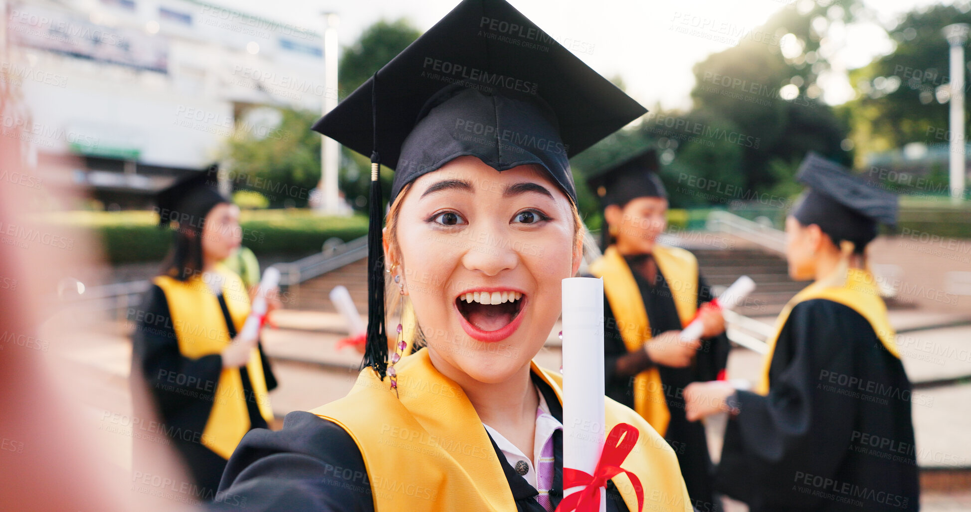 Buy stock photo Woman, university student and happy on graduation with selfie for social media or profile picture in Japan. Female person, campus and smile with scroll for memories success or achievement on portrait