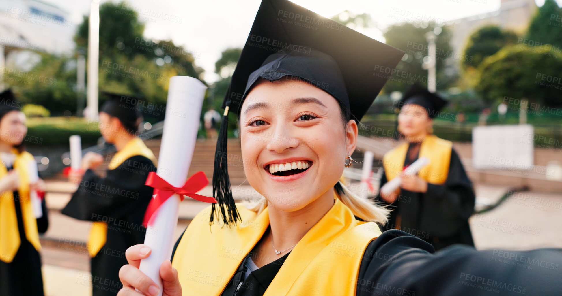 Buy stock photo Woman, university student and smile on graduation with selfie for social media or profile picture in Japan. Female person, campus and happy with scroll for memories success or achievement on portrait