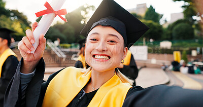 Buy stock photo Woman, university student and proud on graduation with selfie for social media or profile picture in Japan. Female person, campus and happy with scroll for memories success or achievement on portrait