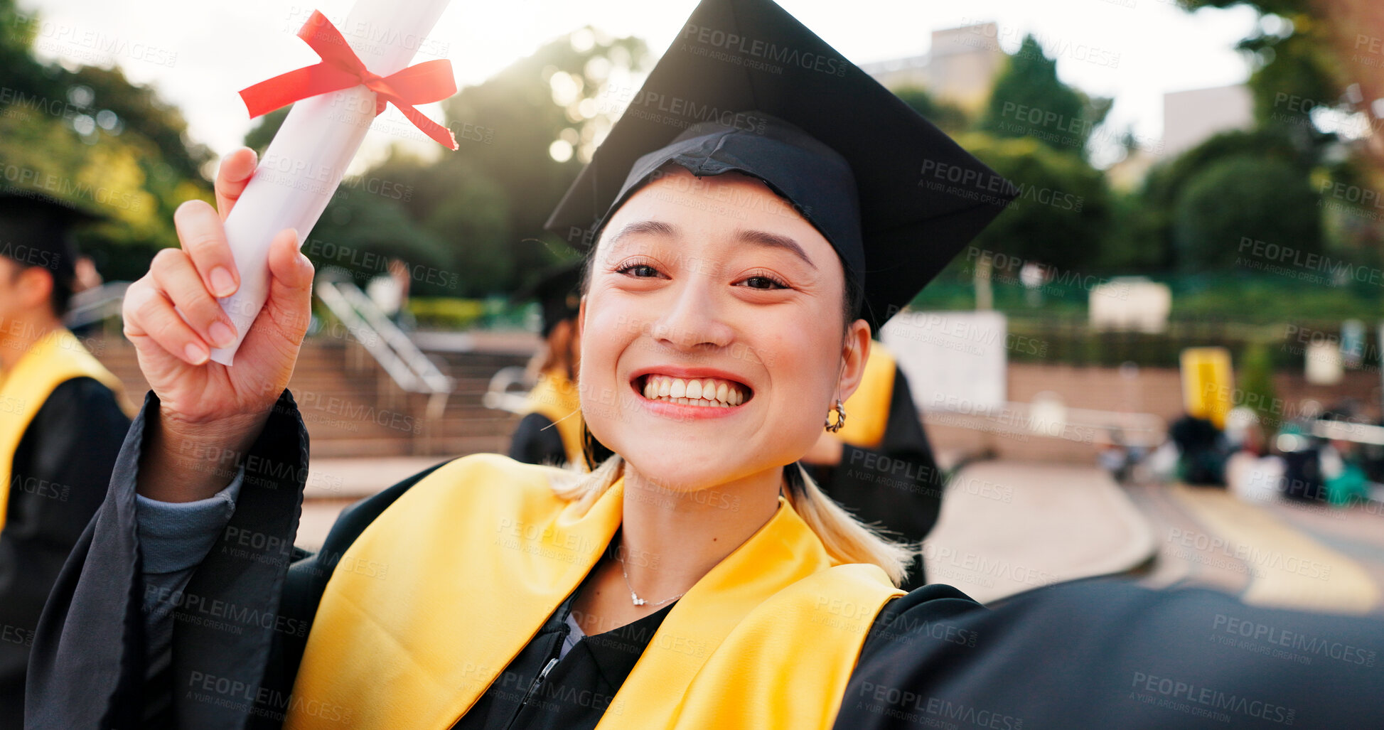 Buy stock photo Woman, university student and proud on graduation with selfie for social media or profile picture in Japan. Female person, campus and happy with scroll for memories success or achievement on portrait
