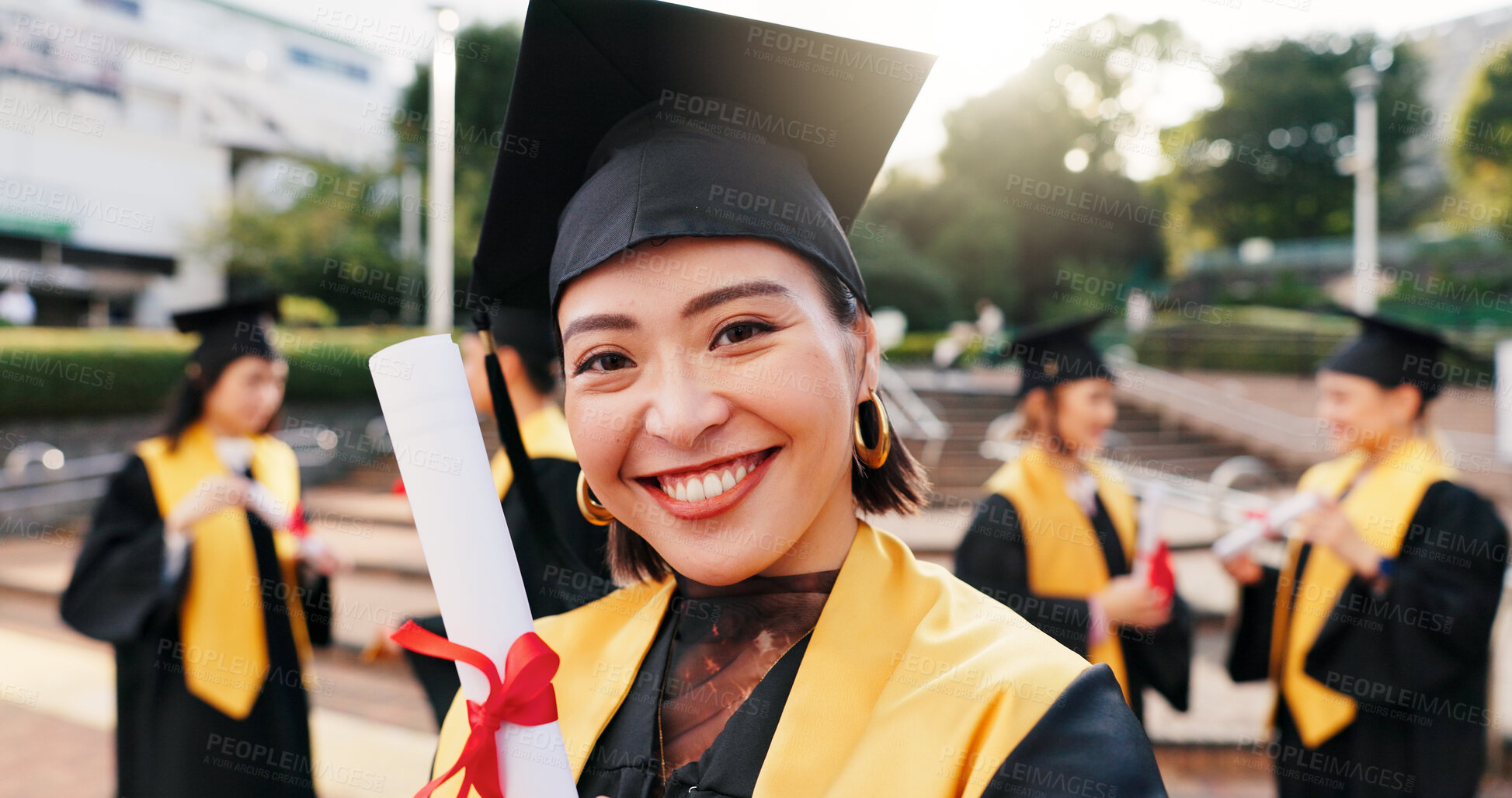 Buy stock photo Woman, college student and smile with certificate for graduation, celebration and achievements in Japan. Female person, university graduate and happy on portrait with scroll for academic success