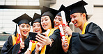 Friends, university student and smile on graduation with selfie for social media or profile picture in Japan. People, campus and happy with scroll for memories, success and achievement as classmates