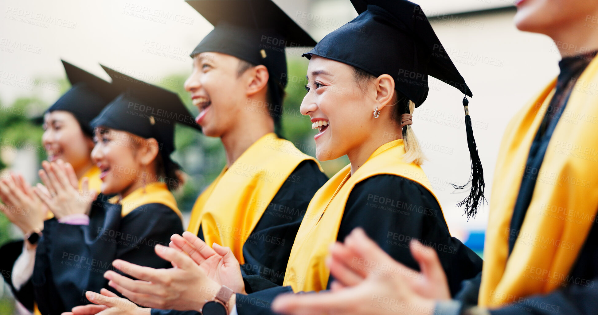 Buy stock photo Asian people, success or graduates clapping with qualification at university for education scholarship. College, happy or excited students on outdoor campus with degree, milestone or diploma in Japan