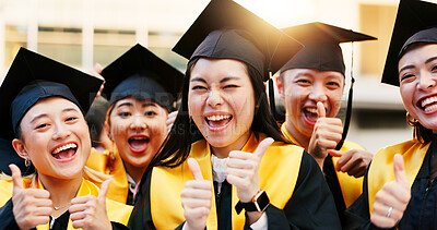 Buy stock photo Asian people, excited or thumbs up for graduation or portrait on campus to celebrate success. Graduates, group or university students with scholarship, education goal or certificate approval in Japan