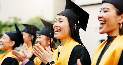 Buy stock photo Excited, clapping and graduation for group, education and  success for students, happy and achievement. College, accomplishment and applause for knowledge, friends and Asian people on event in Japan