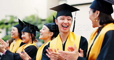 Buy stock photo Applause, graduation and group of students, education and excited for success, happy and achievement. College, accomplishment and knowledge for friends, cheering and Asian people on event in Japan