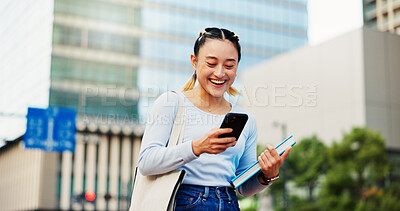 Buy stock photo Woman, student and mobile in city for social media, good news and happy for loan approval in Tokyo. Japan girl, phone and excited in town for scholarship opportunity, achievement and academic report