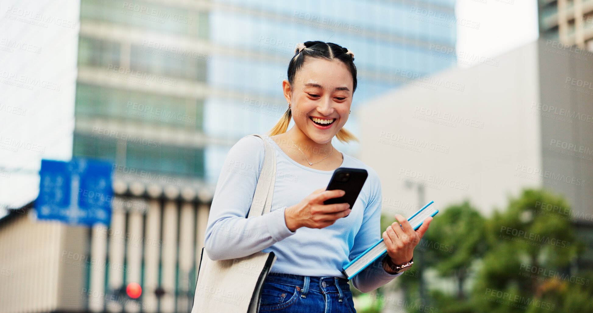 Buy stock photo Woman, student and mobile in city for social media, good news and happy for loan approval in Tokyo. Japan girl, phone and excited in town for scholarship opportunity, achievement and academic report