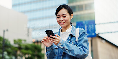 Buy stock photo Woman, travel and happy in city with phone, social media and connectivity in Yokohama. Japanese girl, mobile and smile in urban town for text message, news app and communication on morning commute