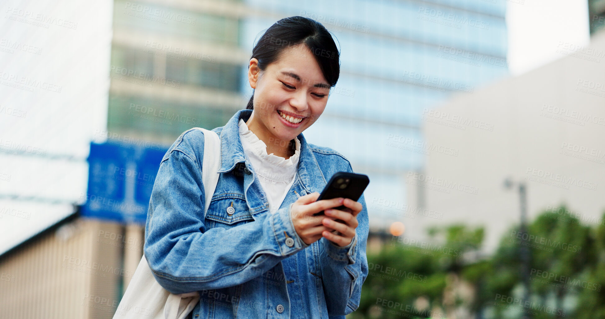 Buy stock photo Woman, travel and smile in city with phone, social media and connectivity in Yokohama. Japanese girl, mobile and happy in urban town for text message, news app and communication on morning commute