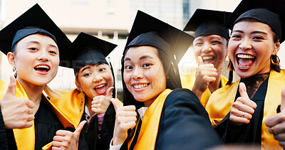 Buy stock photo Selfie, happy people or thumbs up for graduation or portrait on campus to celebrate success. Face, photo memory or university students with smile for education goal or certificate approval in Japan