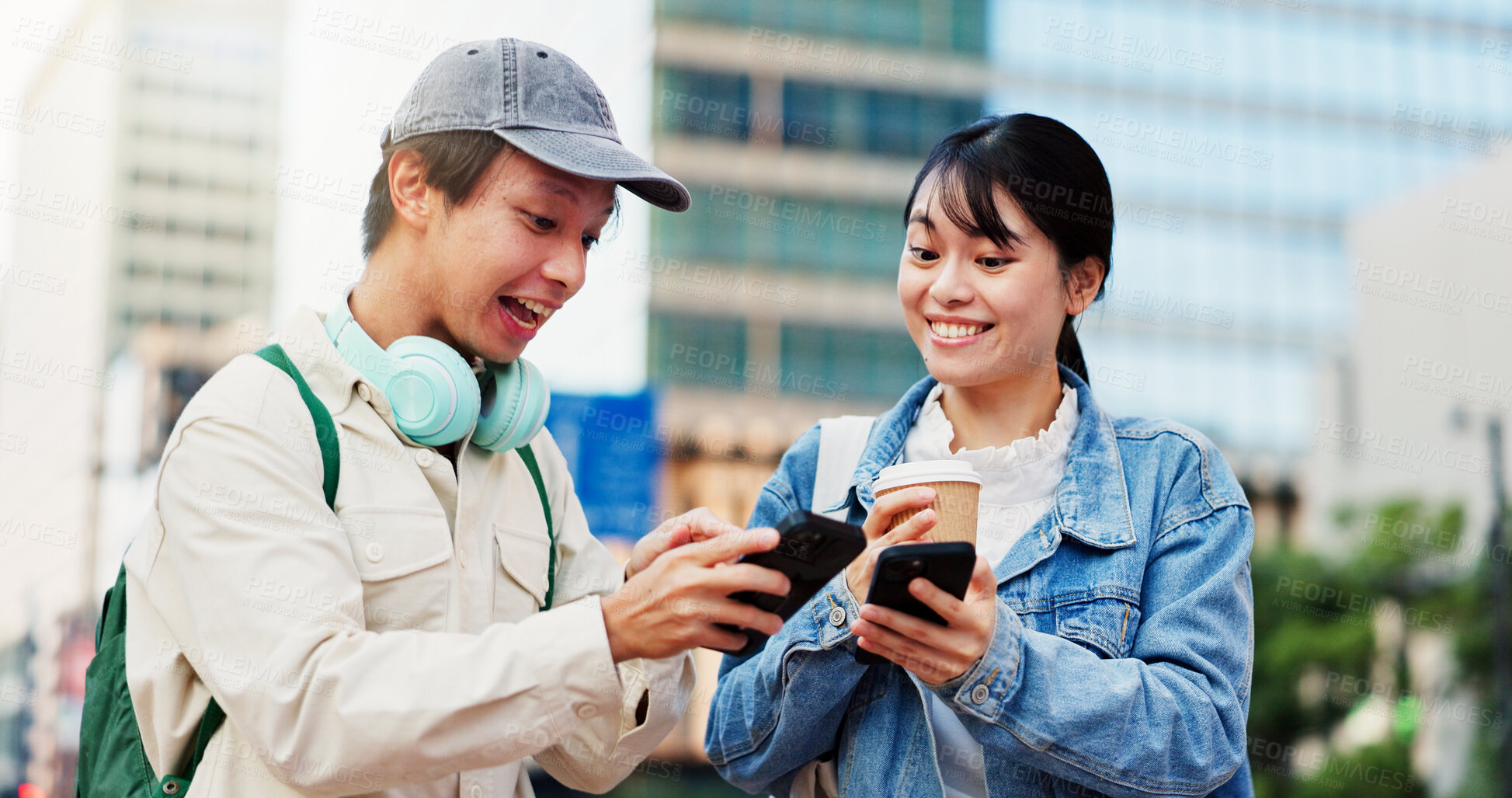 Buy stock photo Excited, phone or Japanese couple in city on location, street or holiday adventure journey in Tokyo. Wow, coffee or happy people with smile, surprise or mobile app for travel trip, navigation or news