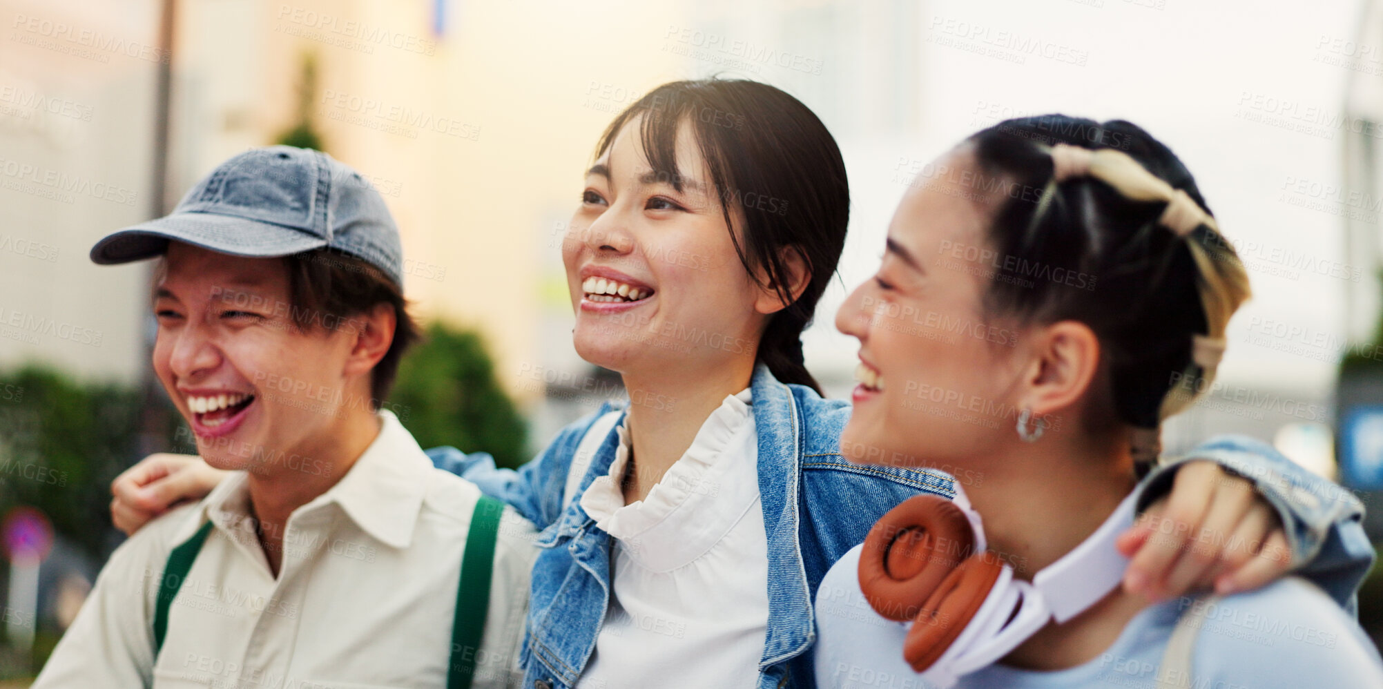 Buy stock photo Happy, asian students or hug with laugh in city for social, community or friendship together. Japan, group or friends walking with joy for bonding, fun moment or humor for funny joke in an urban town