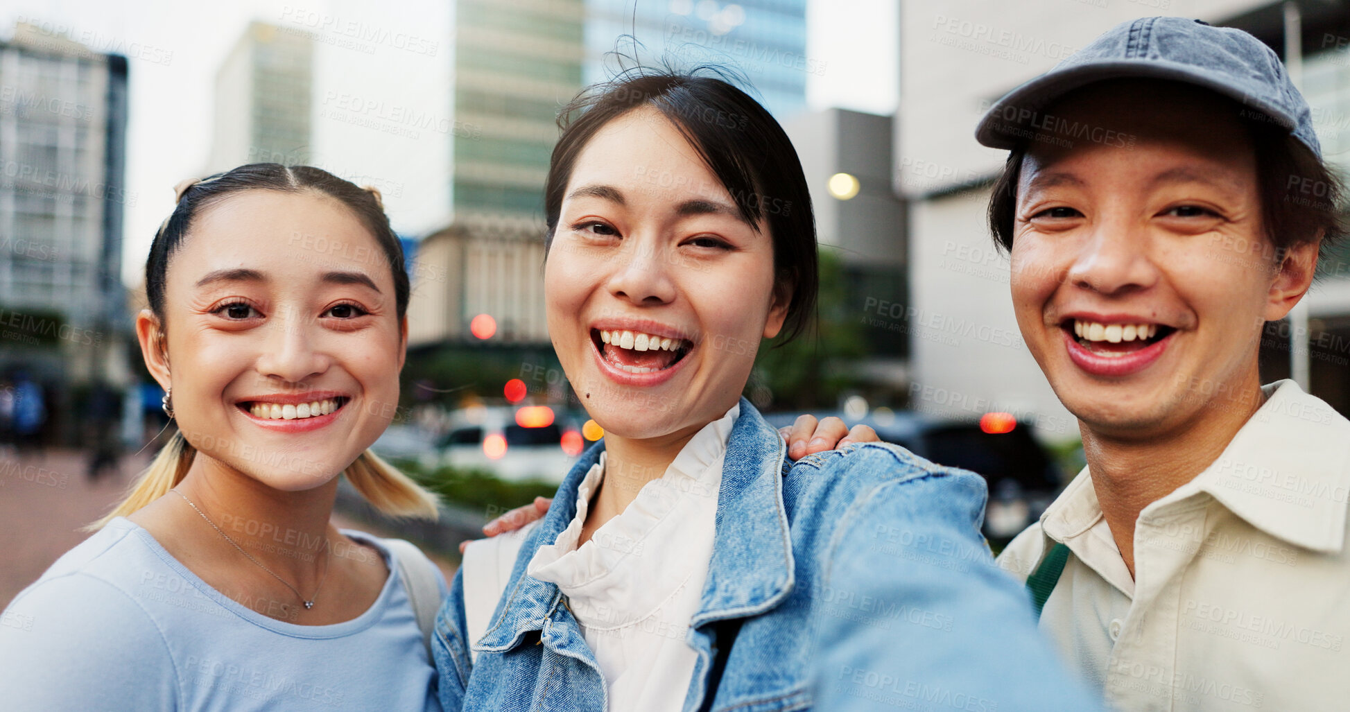 Buy stock photo Japanese, people and selfie for portrait in city of photography, social media post and travel abroad. Friends, commute and profile picture update of tourism memory, reunion and bonding in urban Japan