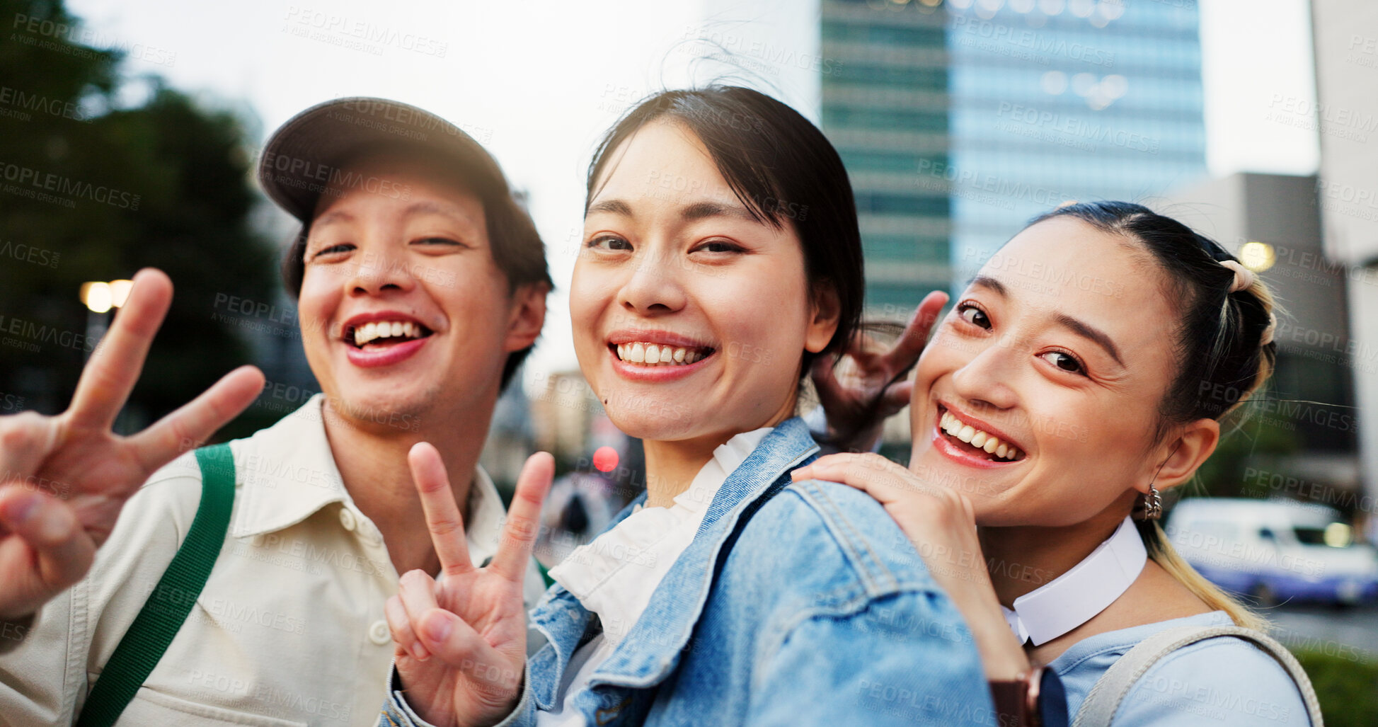 Buy stock photo People, peace sign and selfie with portrait in city for photography, social media post and travel abroad. Friends, commute and profile picture update with tourism memory, reunion and bonding in Japan