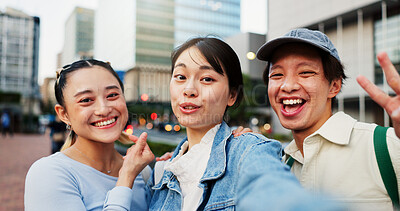 Buy stock photo Group, people and selfie with portrait in city of photography, social media post and travel abroad. Friends, commute and profile picture update with tourism memory, reunion and bonding in urban Japan