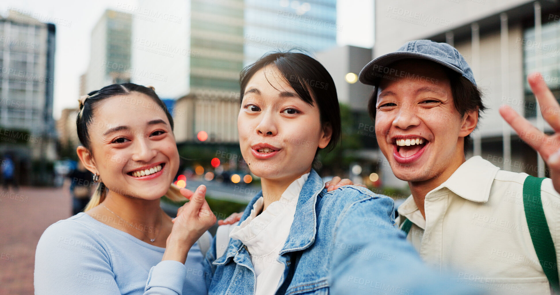 Buy stock photo Group, people and selfie with portrait in city of photography, social media post and travel abroad. Friends, commute and profile picture update with tourism memory, reunion and bonding in urban Japan