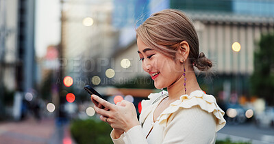 Buy stock photo Smile, phone and Japanese woman on street location, road or holiday adventure journey in Tokyo. Search, sidewalk and happy female tourist in city with mobile app for travel trip, navigation or map