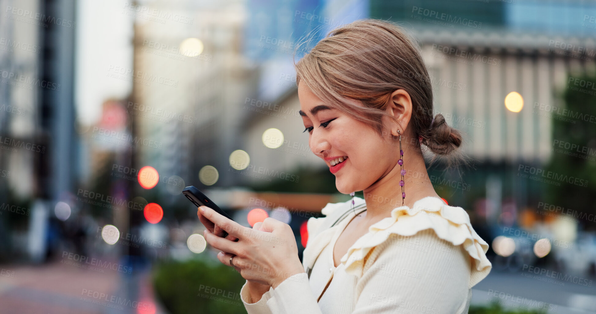 Buy stock photo Smile, phone and Japanese woman on street location, road or holiday adventure journey in Tokyo. Search, sidewalk and happy female tourist in city with mobile app for travel trip, navigation or map