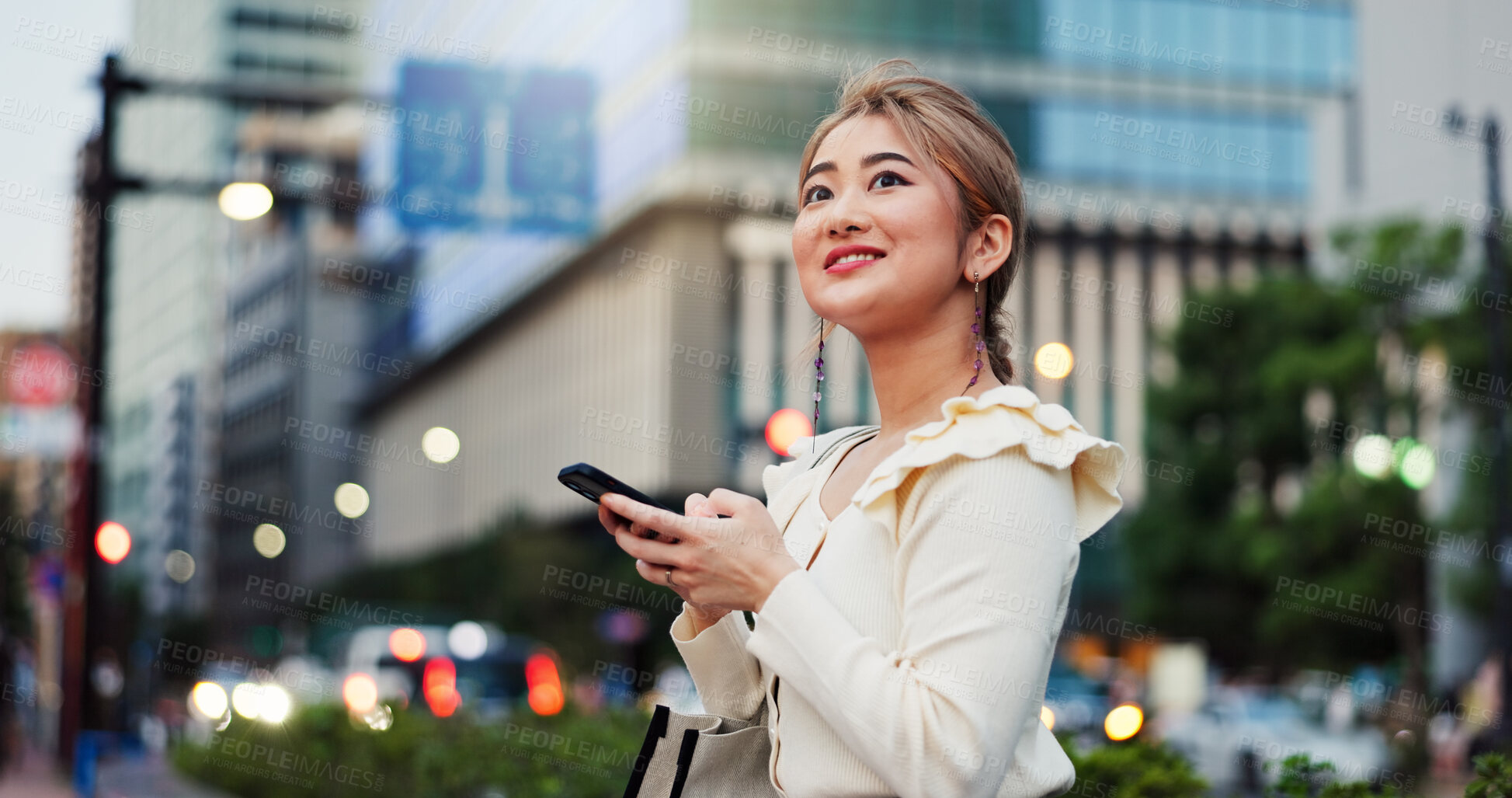 Buy stock photo Happy, phone and Japanese woman in city on location, street road or holiday adventure journey in Tokyo. Night, sidewalk or female tourist with smile or mobile app for travel trip, navigation or map