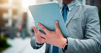 Buy stock photo Businessman, hands and browsing with tablet in city for research, business updates or network. Japan, man or closeup with technology or app for communication, online search or news in an urban town