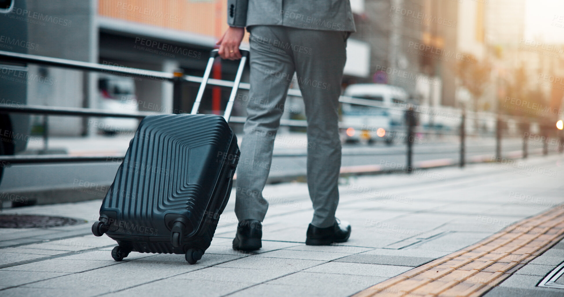 Buy stock photo Business person, legs and walking with suitcase in city for travel, commute or trip on sidewalk or pavement. Japan, immigration or traveler with luggage for job or career opportunity in an urban town