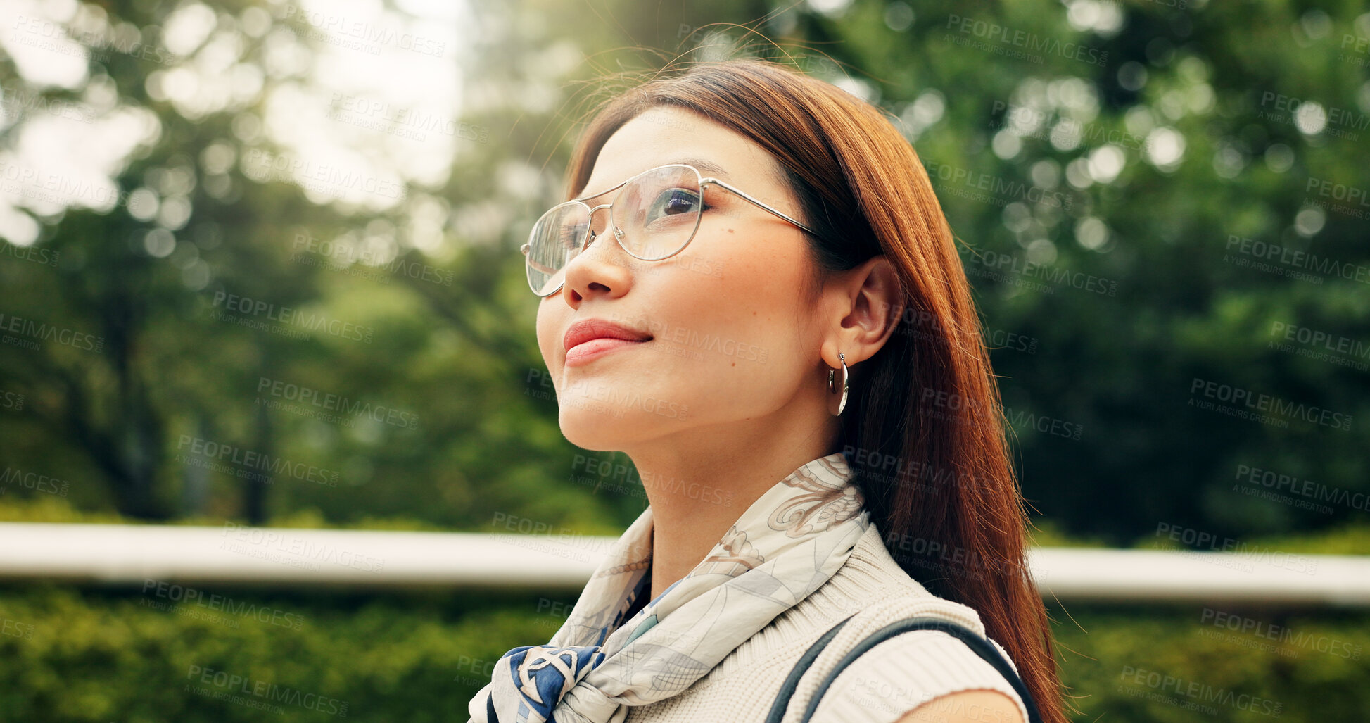 Buy stock photo Outdoor, travel and walking with woman, thinking and tourism with journey, holiday and wonder. Japanese person, adventure and girl with weekend break, commute and vacation with nature or getaway trip