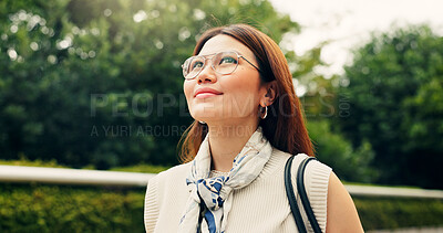 Buy stock photo Outdoor, travel and walking with woman, adventure and tourism with journey, holiday and calm. Japanese person, tourist and girl with weekend break, commute and vacation with nature or getaway trip